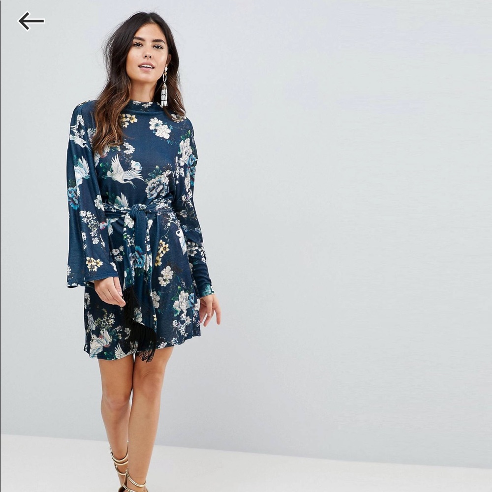 70s Style Kimono Long Sleeve Bird Print Dress - Picture 4 of 4